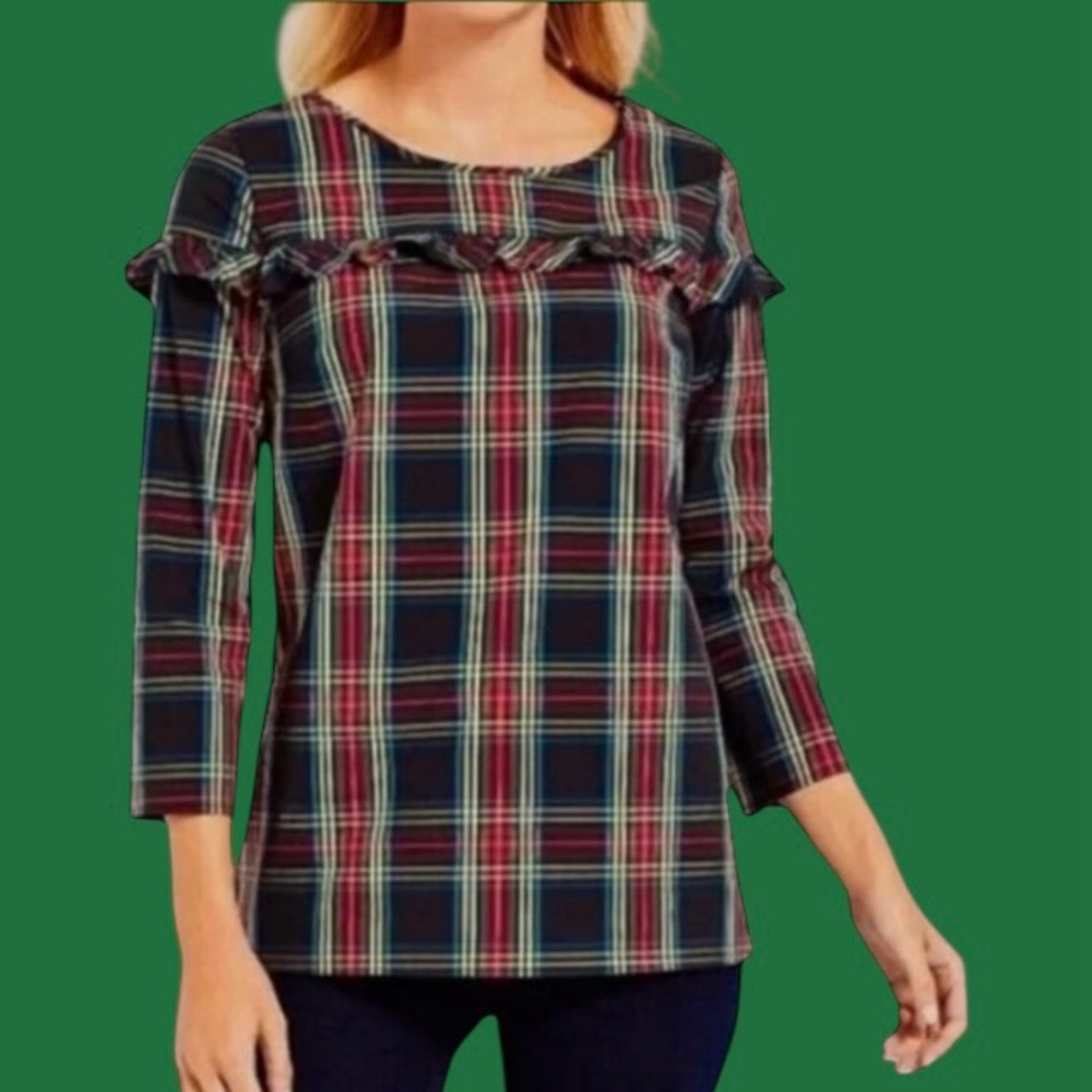 🔥TALBOTS! STEWART PLAID POPLIN RUFFLE POPOVER TOP! STUNNING! FESTIVE! LIKE NEW!